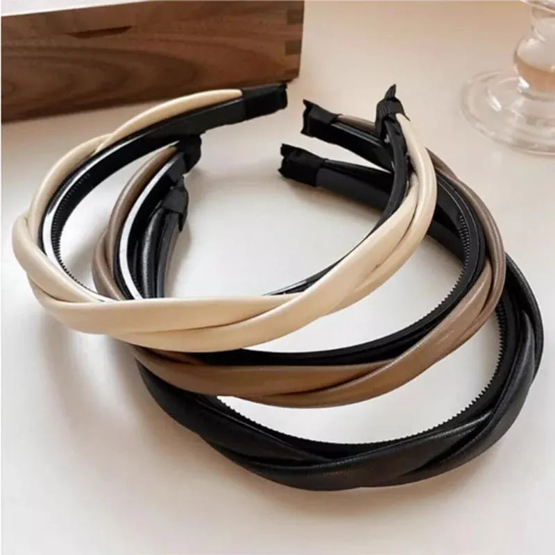Women Girls Boho Chic Braided Synthetic Leather Hair Headband Head Band Hoop - Beige