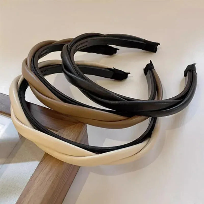 Women Girls Boho Chic Braided Synthetic Leather Hair Headband Head Band Hoop - Beige