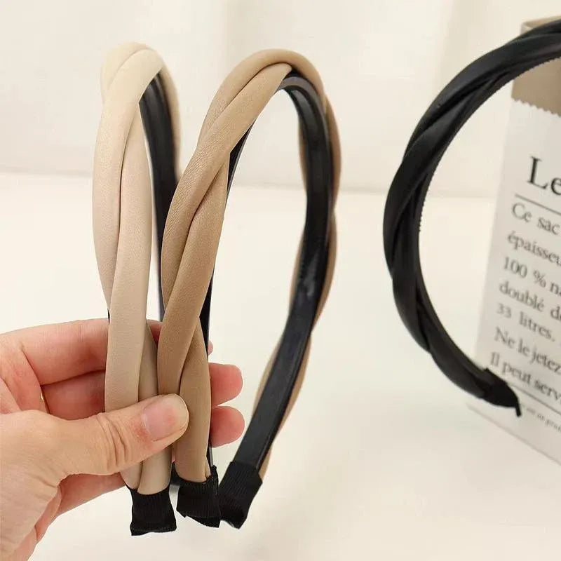 Women Girls Boho Chic Braided Synthetic Leather Hair Headband Head Band Hoop - Beige