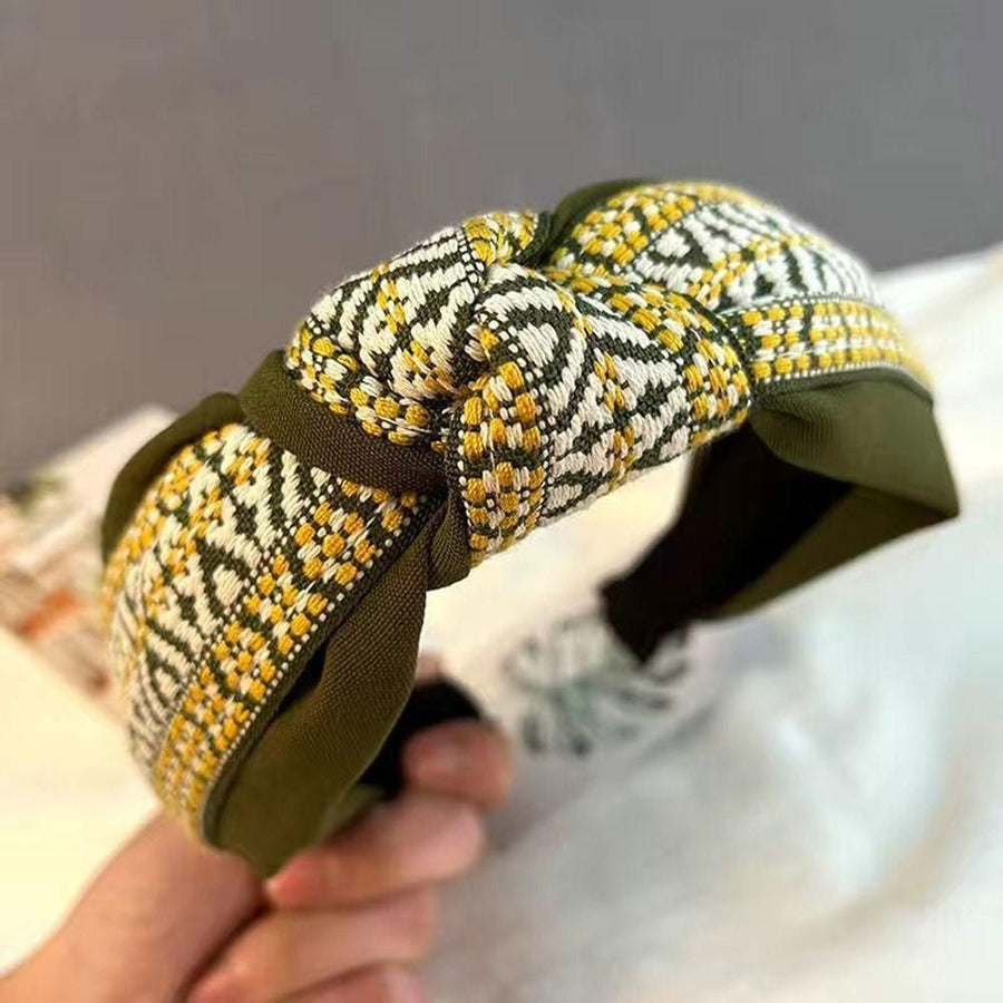 Women Lady Retro Boho Embroidery Cotton Wide Hair Headband Head Wrap Band hoop - Green