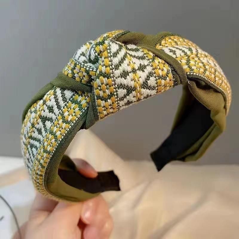 Women Lady Retro Boho Embroidery Cotton Wide Hair Headband Head Wrap Band hoop - Green