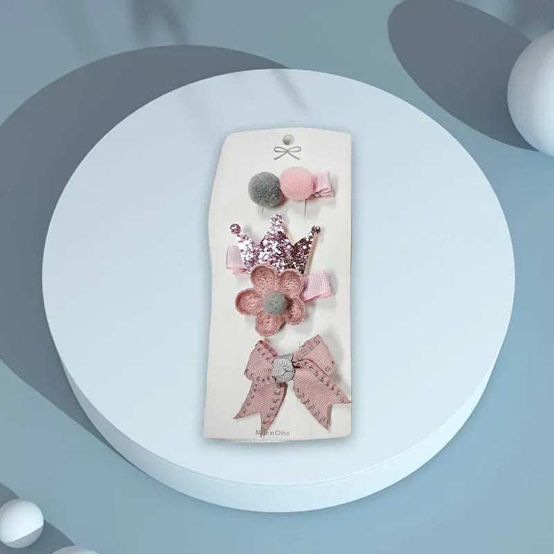 3/4PCS Christmas Hair Clips Set Bow Flower Hairpin Hairgrip Cute Girls Barrettes - Pink Crown Set