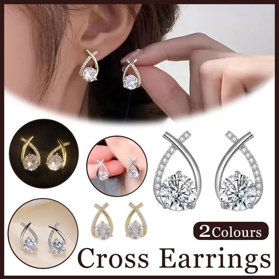 Gold Zircon Crossed Stud Earrings Elegant Simple  Earrings  For Women Fashion - Silver