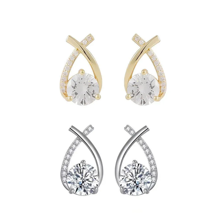 Gold Zircon Crossed Stud Earrings Elegant Simple  Earrings  For Women Fashion - Silver