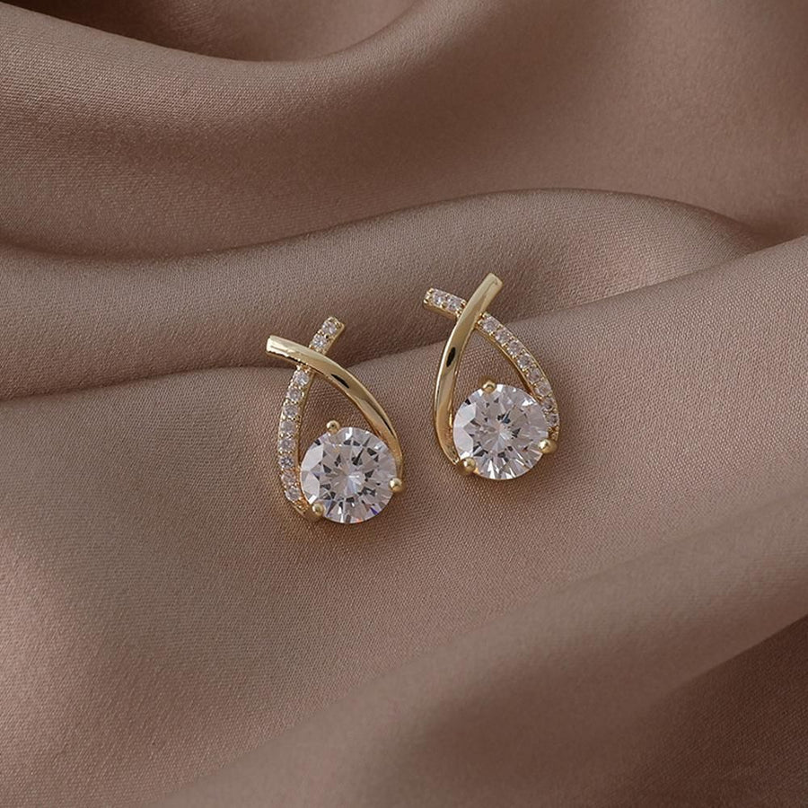 Gold Zircon Crossed Stud Earrings Elegant Simple  Earrings  For Women Fashion - Silver
