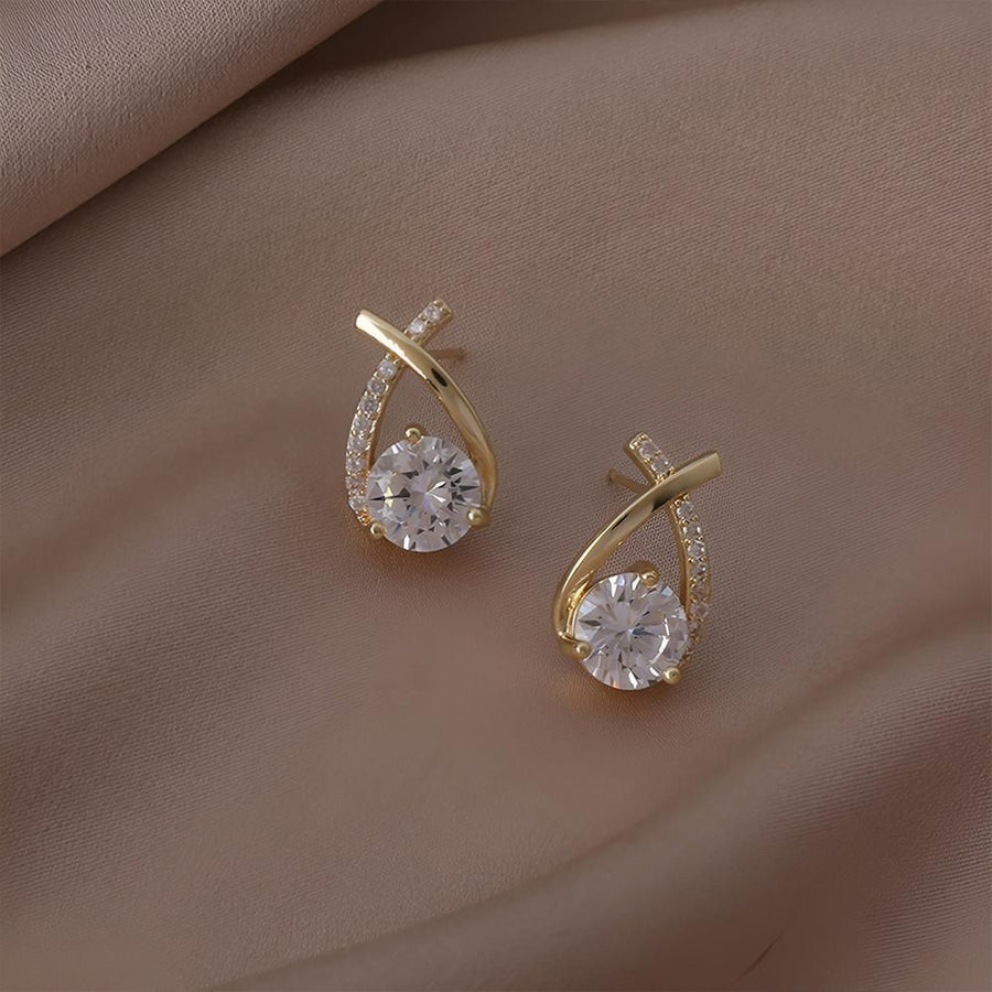 Gold Zircon Crossed Stud Earrings Elegant Simple  Earrings  For Women Fashion - Silver
