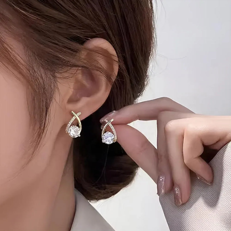 Gold Zircon Crossed Stud Earrings Elegant Simple  Earrings  For Women Fashion - Silver