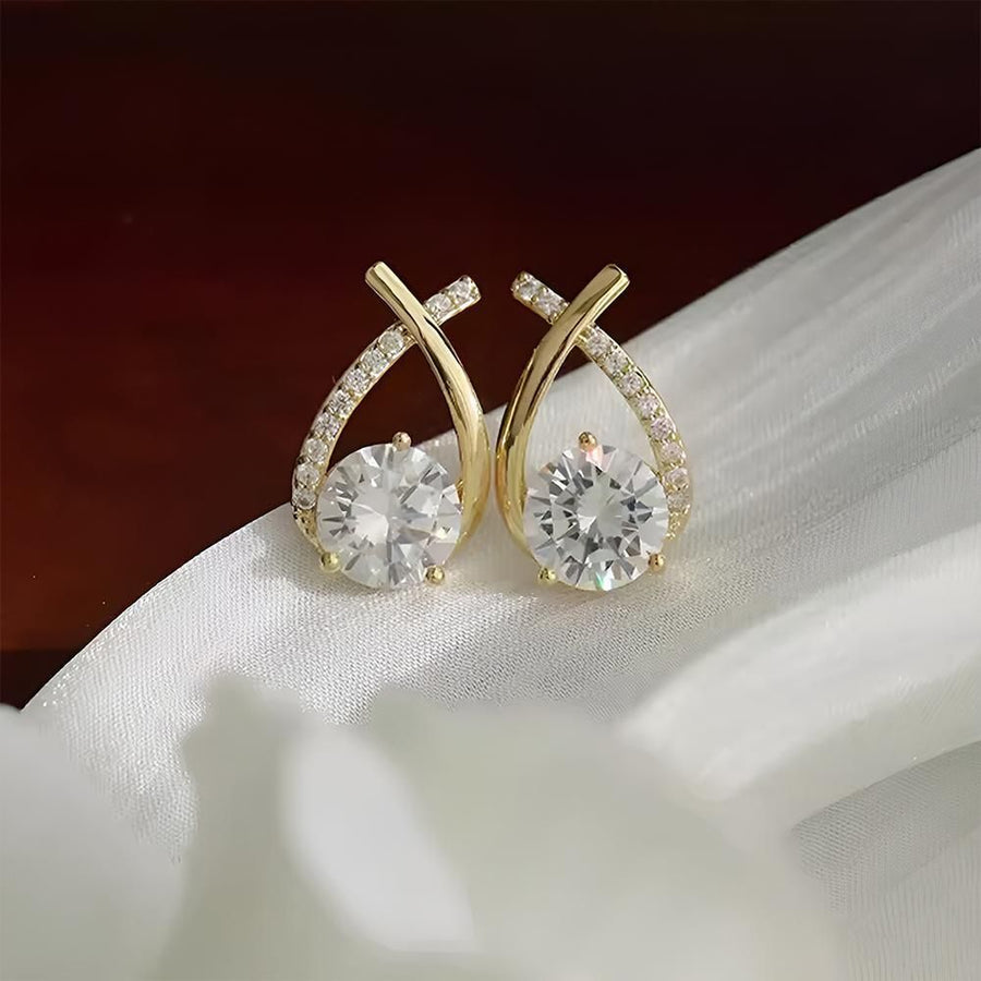 Gold Zircon Crossed Stud Earrings Elegant Simple  Earrings  For Women Fashion - Silver