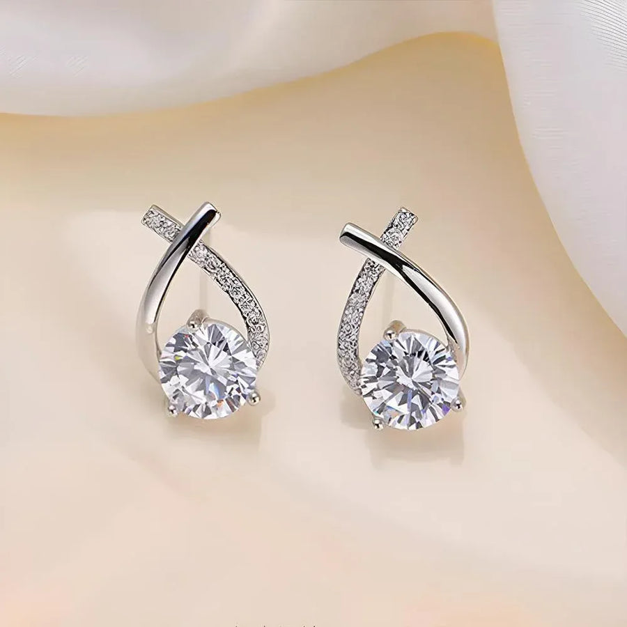 Gold Zircon Crossed Stud Earrings Elegant Simple  Earrings  For Women Fashion - Silver