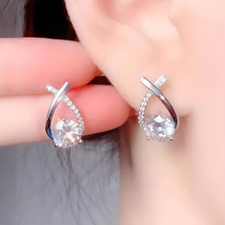 Gold Zircon Crossed Stud Earrings Elegant Simple  Earrings  For Women Fashion - Silver