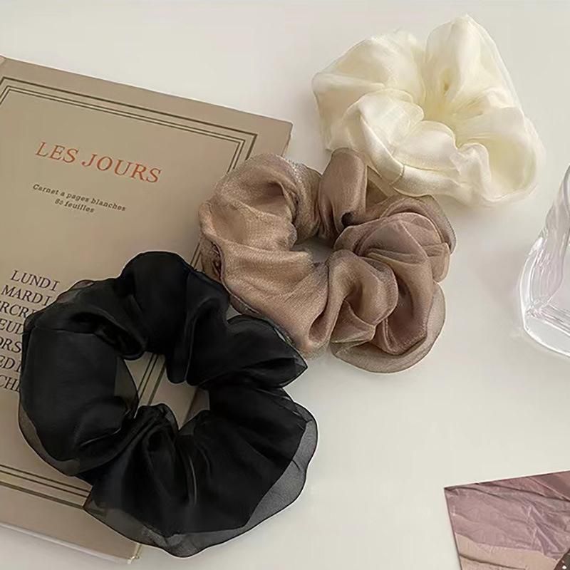 Double-Deck Solid Colour Organza Mesh Hair Scrunchies Ponytail Hairband Female - Curry