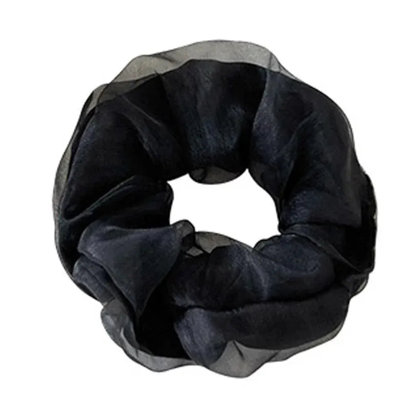 Double-Deck Solid Colour Organza Mesh Hair Scrunchies Ponytail Hairband Female - Black