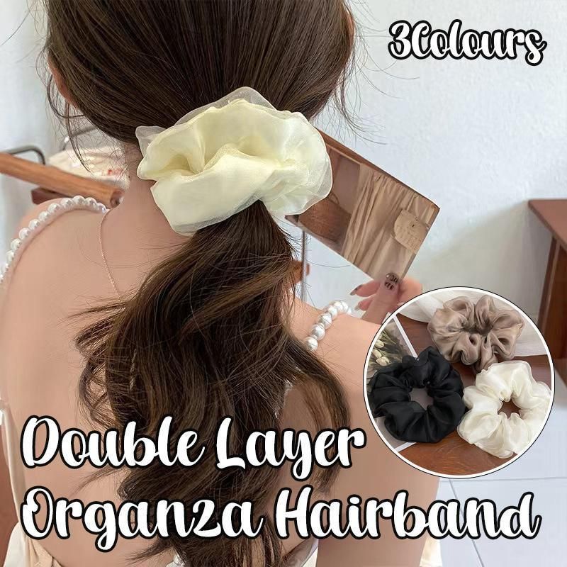 Double-Deck Solid Colour Organza Mesh Hair Scrunchies Ponytail Hairband Female - Black