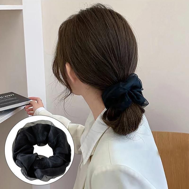 Double-Deck Solid Colour Organza Mesh Hair Scrunchies Ponytail Hairband Female - Black