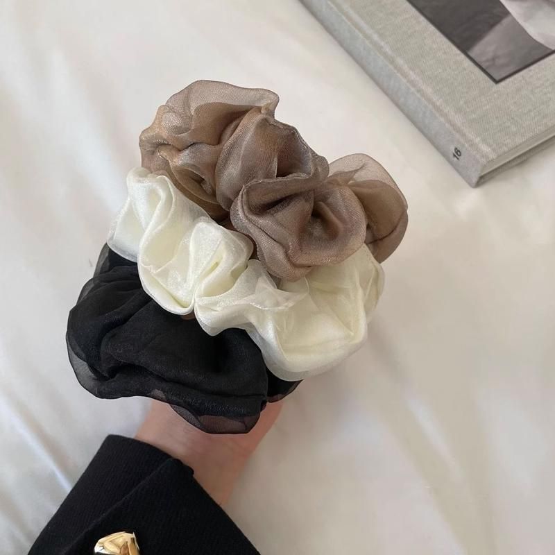 Double-Deck Solid Colour Organza Mesh Hair Scrunchies Ponytail Hairband Female - Black