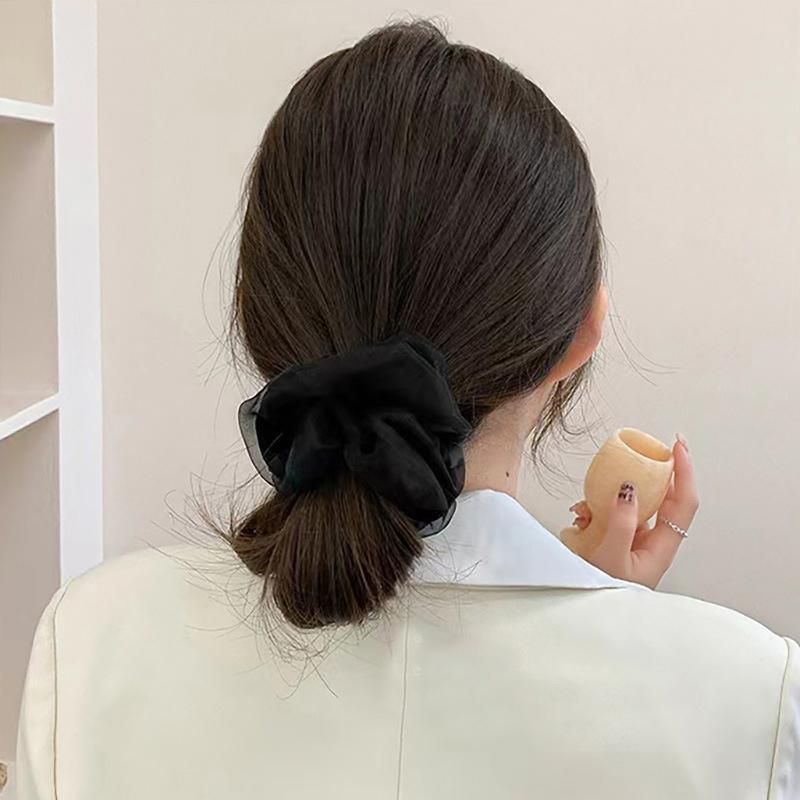 Double-Deck Solid Colour Organza Mesh Hair Scrunchies Ponytail Hairband Female - Black