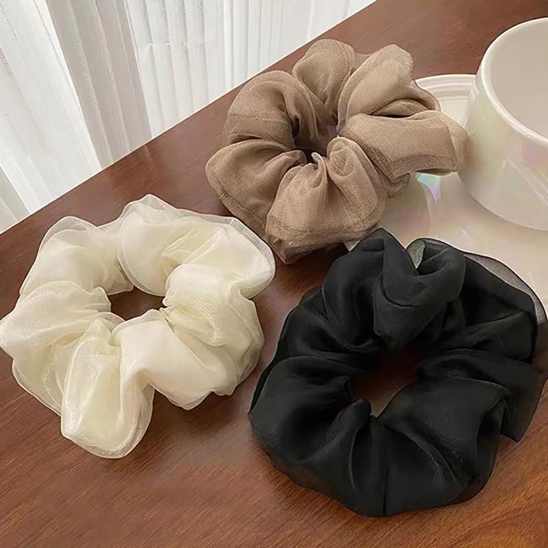 Double-Deck Solid Colour Organza Mesh Hair Scrunchies Ponytail Hairband Female - Black