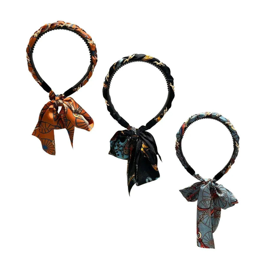 Chains patterned satin headband with Long Scarf Headband Scarf Hair Accessories - Orange