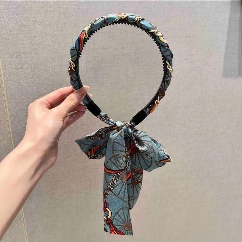 Chains patterned satin headband with Long Scarf Headband Scarf Hair Accessories - Orange