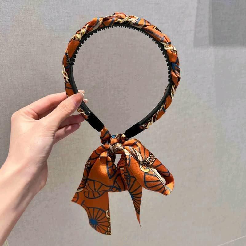 Chains patterned satin headband with Long Scarf Headband Scarf Hair Accessories - Orange
