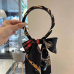 Chains patterned satin headband with Long Scarf Headband Scarf Hair Accessories - Black