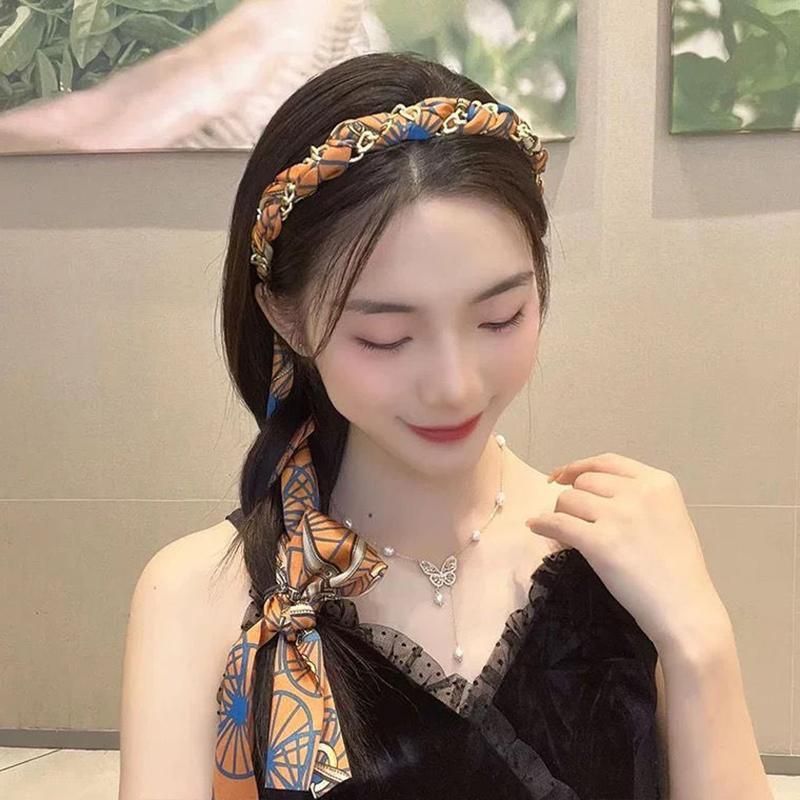 Chains patterned satin headband with Long Scarf Headband Scarf Hair Accessories - Black