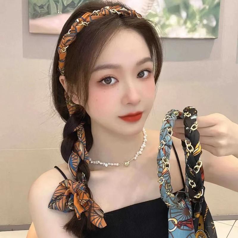 Chains patterned satin headband with Long Scarf Headband Scarf Hair Accessories - Blue