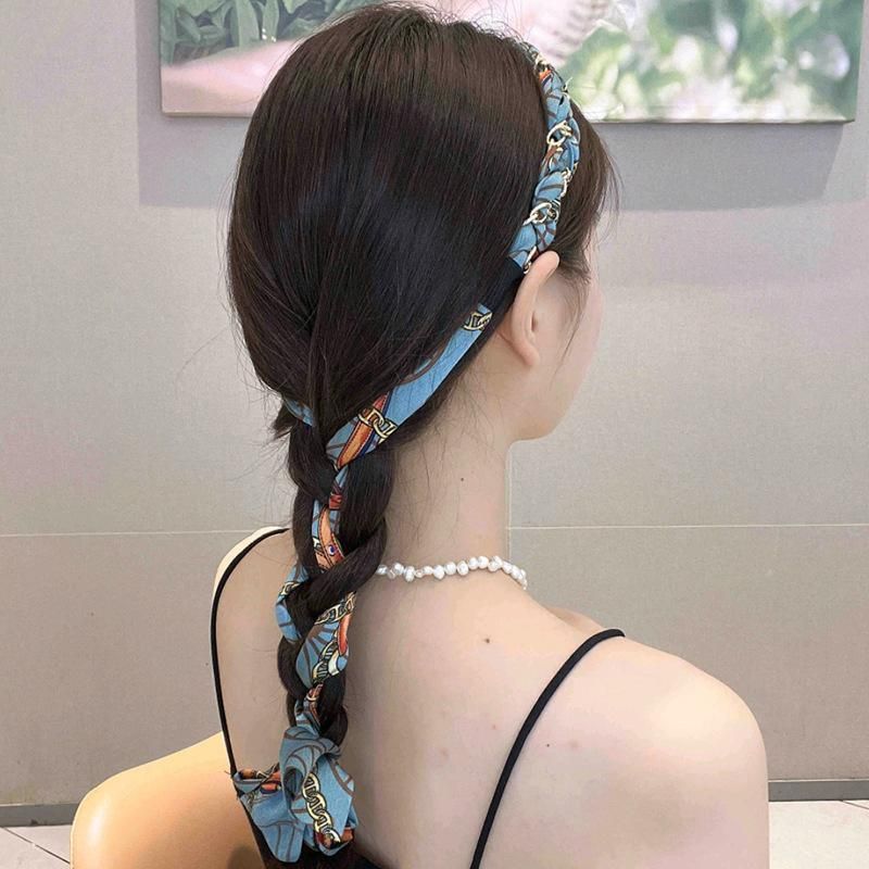 Chains patterned satin headband with Long Scarf Headband Scarf Hair Accessories - Blue