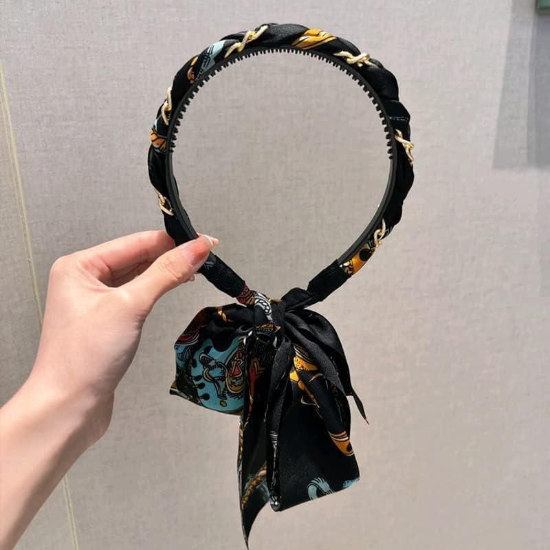 Chains patterned satin headband with Long Scarf Headband Scarf Hair Accessories - Blue