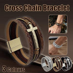Men Cross Bracelet Multi-Layer Leather Wristband Stainless Steel Stylish Gift - Coffee