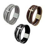 Men Cross Bracelet Multi-Layer Leather Wristband Stainless Steel Stylish Gift - Coffee