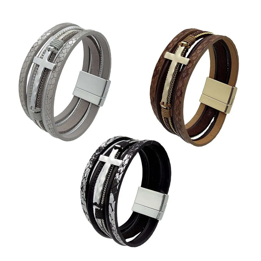 Men Cross Bracelet Multi-Layer Leather Wristband Stainless Steel Stylish Gift - Coffee