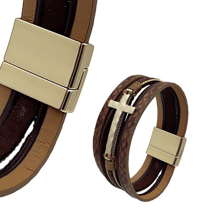 Men Cross Bracelet Multi-Layer Leather Wristband Stainless Steel Stylish Gift - Coffee