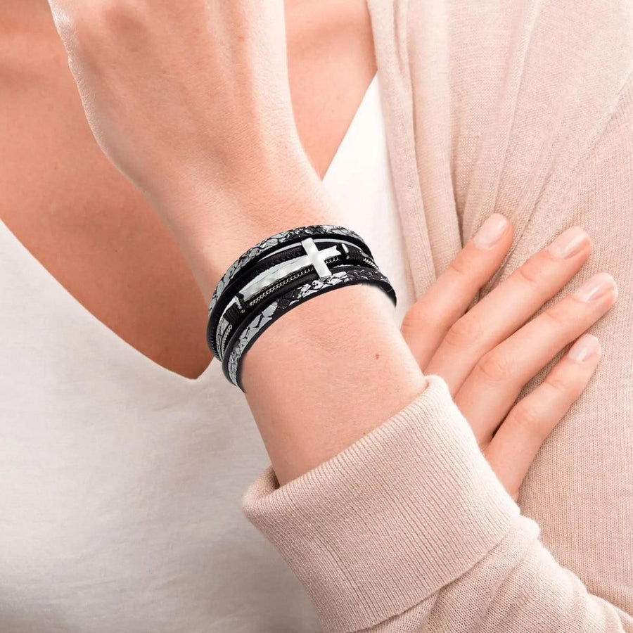 Men Cross Bracelet Multi-Layer Leather Wristband Stainless Steel Stylish Gift - Coffee