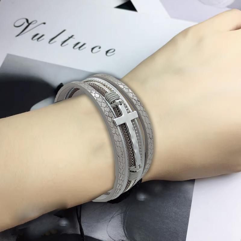 Men Cross Bracelet Multi-Layer Leather Wristband Stainless Steel Stylish Gift - Coffee