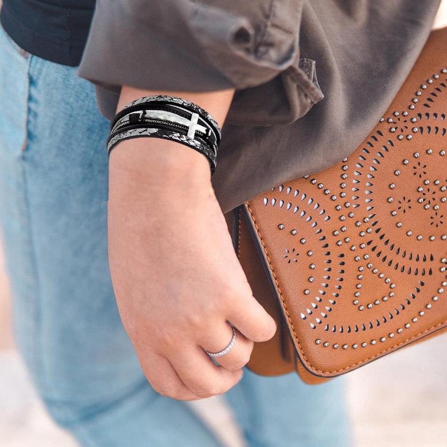 Men Cross Bracelet Multi-Layer Leather Wristband Stainless Steel Stylish Gift - Coffee