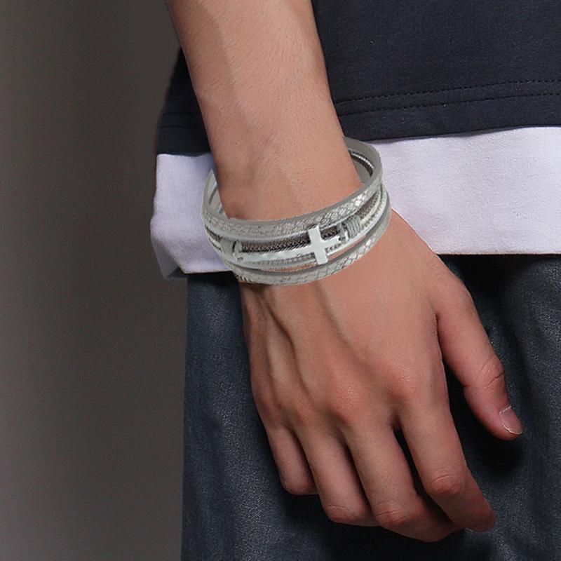Men Cross Bracelet Multi-Layer Leather Wristband Stainless Steel Stylish Gift - Coffee