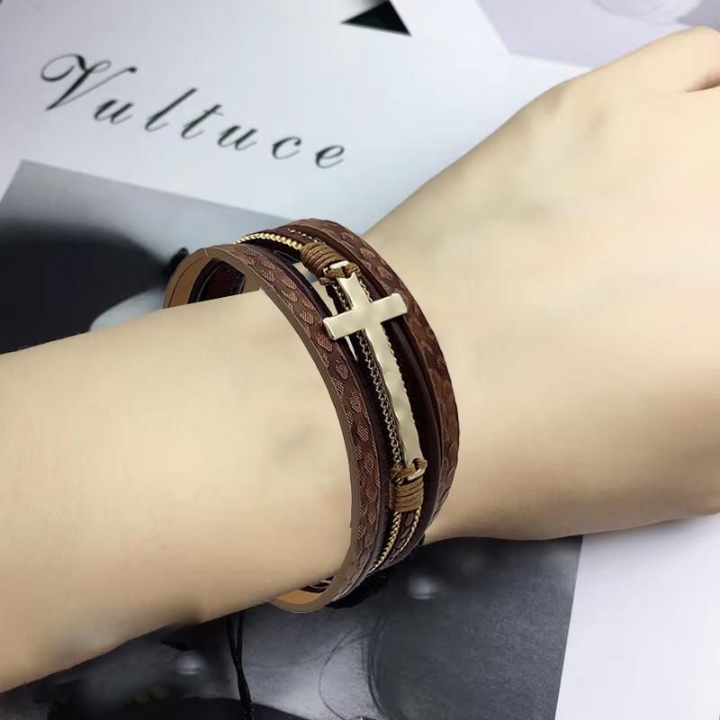 Men Cross Bracelet Multi-Layer Leather Wristband Stainless Steel Stylish Gift - Coffee