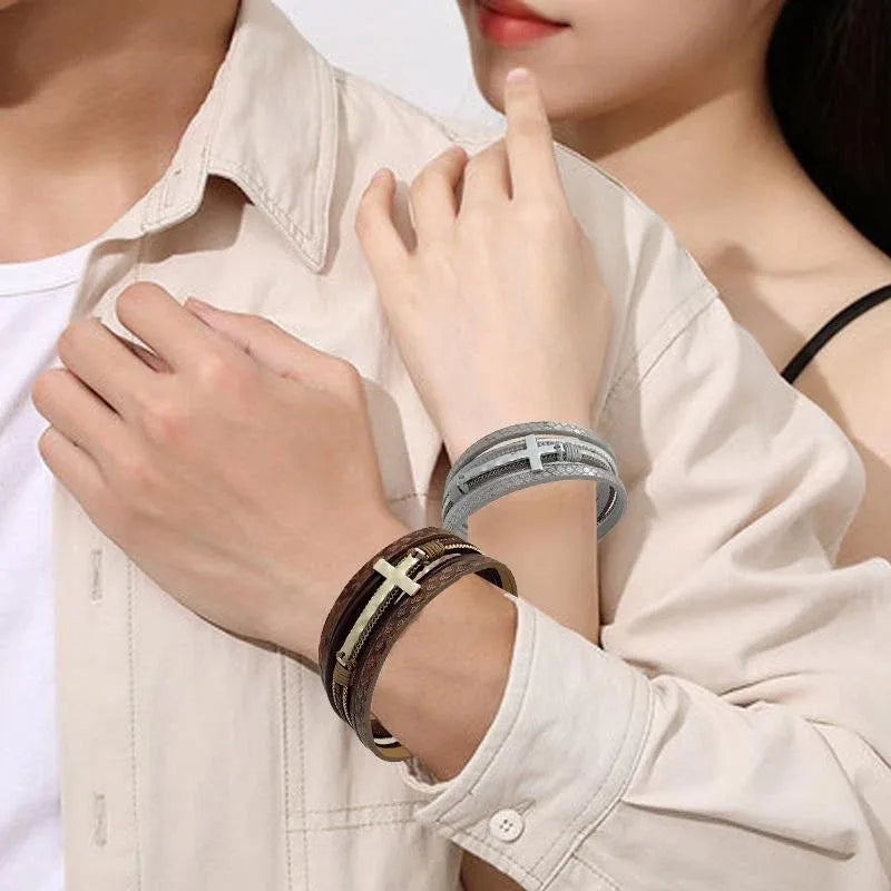 Men Cross Bracelet Multi-Layer Leather Wristband Stainless Steel Stylish Gift - Coffee