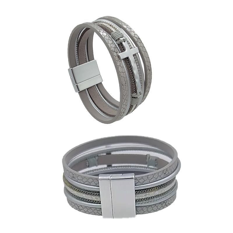 Men Cross Bracelet Multi-Layer Leather Wristband Stainless Steel Stylish Gift - Coffee
