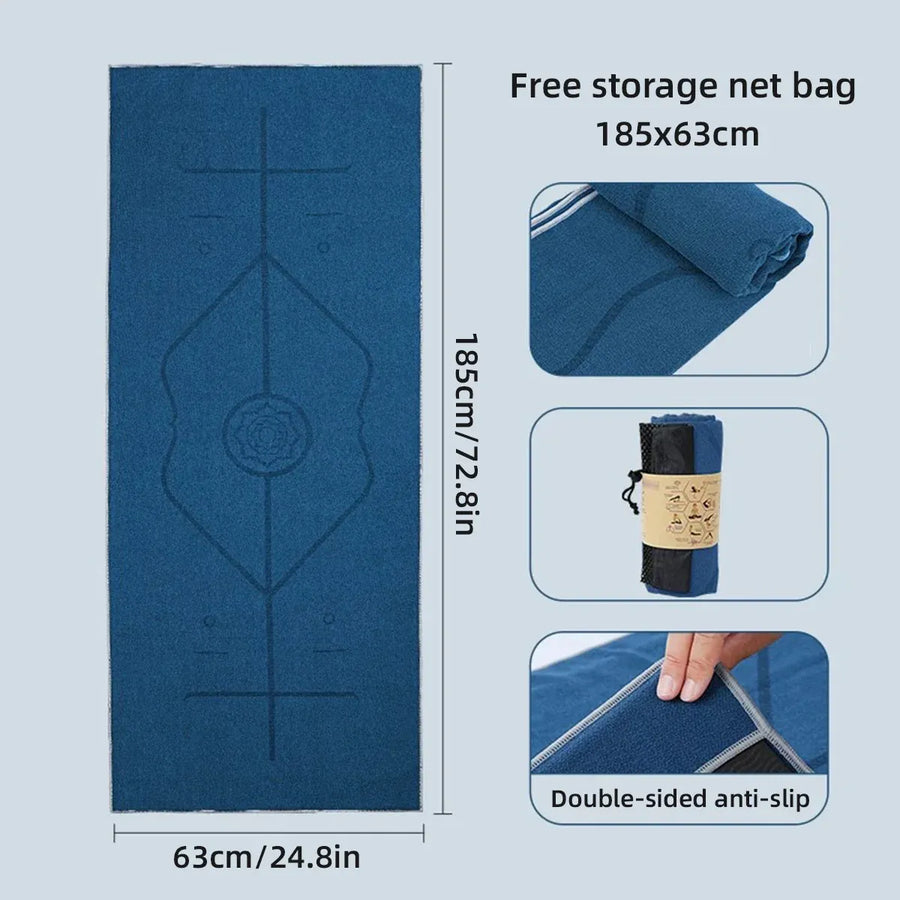 Portable Yoga Blanket with Body Position Line Non Slip Soft for Home Gym Studio - Blue