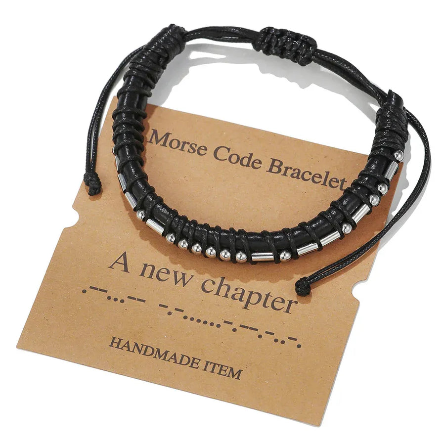 Morse Code Leather Bracelet A New Chapter Adjustable Handmade Stainless Steel Beads