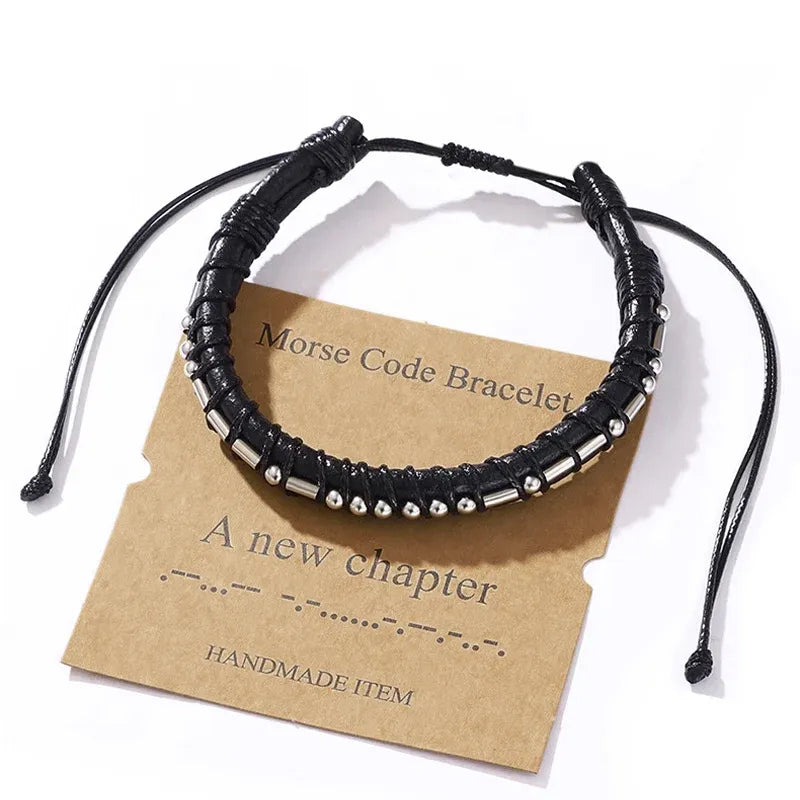 Morse Code Leather Bracelet A New Chapter Adjustable Handmade Stainless Steel Beads