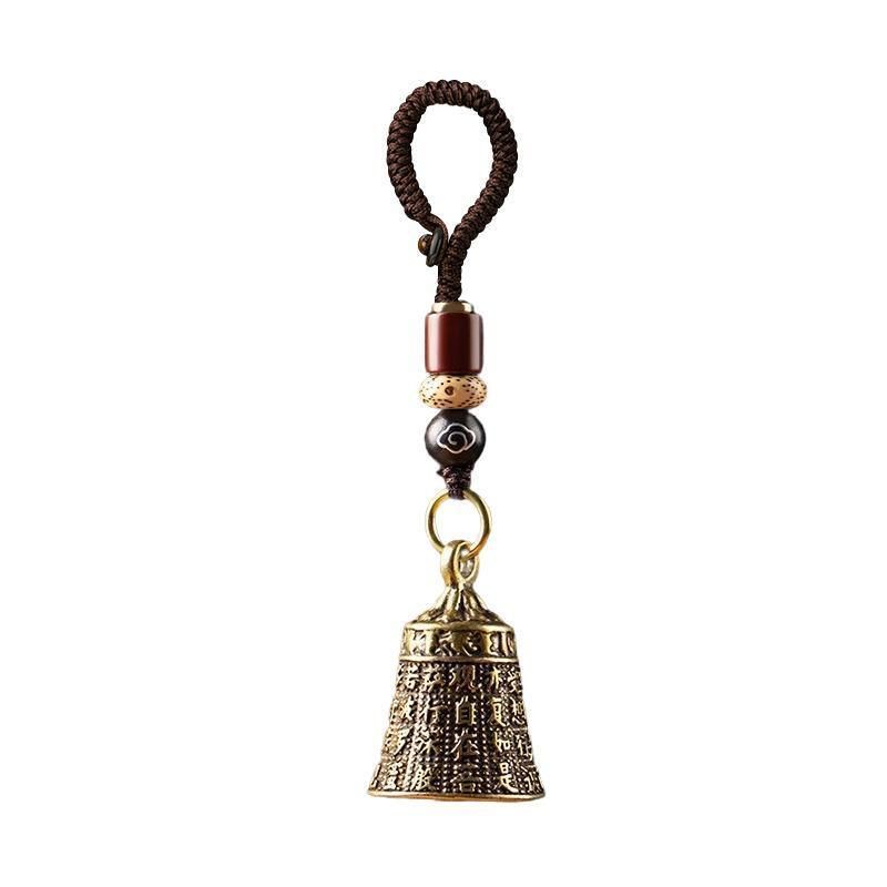 Pure Brass Bell Car KeyChain Engraved Chinese Buddhist Sutra Handmade Woven Rope