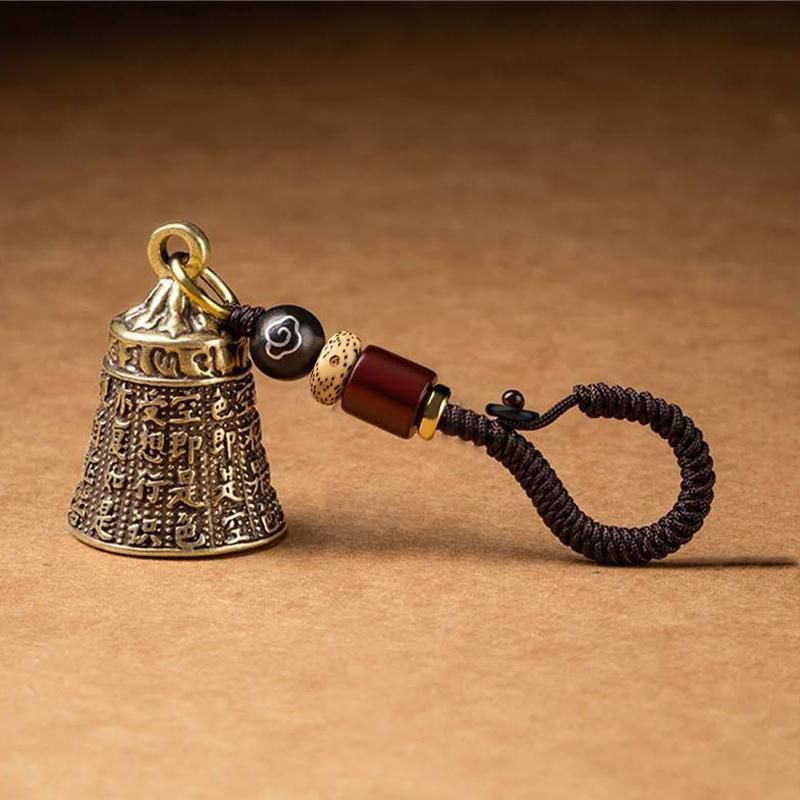 Pure Brass Bell Car KeyChain Engraved Chinese Buddhist Sutra Handmade Woven Rope