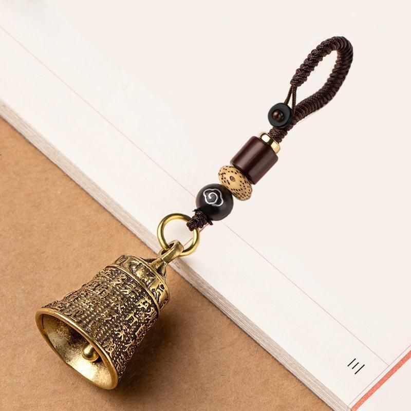 Pure Brass Bell Car KeyChain Engraved Chinese Buddhist Sutra Handmade Woven Rope
