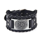 Viking Compass Leather Bracelet Men Adjustable PU Leather Cuff Runes Wristband - Silver