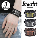 Viking Compass Leather Bracelet Men Adjustable PU Leather Cuff Runes Wristband - Silver