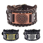 Viking Compass Leather Bracelet Men Adjustable PU Leather Cuff Runes Wristband - Silver
