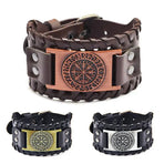 Viking Compass Leather Bracelet Men Adjustable PU Leather Cuff Runes Wristband - Copper